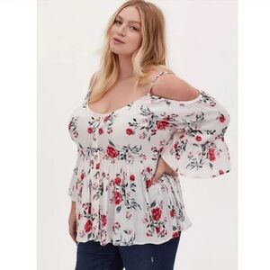 LIKE NEW! Torrid Ivory Floral Gauze Button Cold Shoulder
Bell Sleeve Top